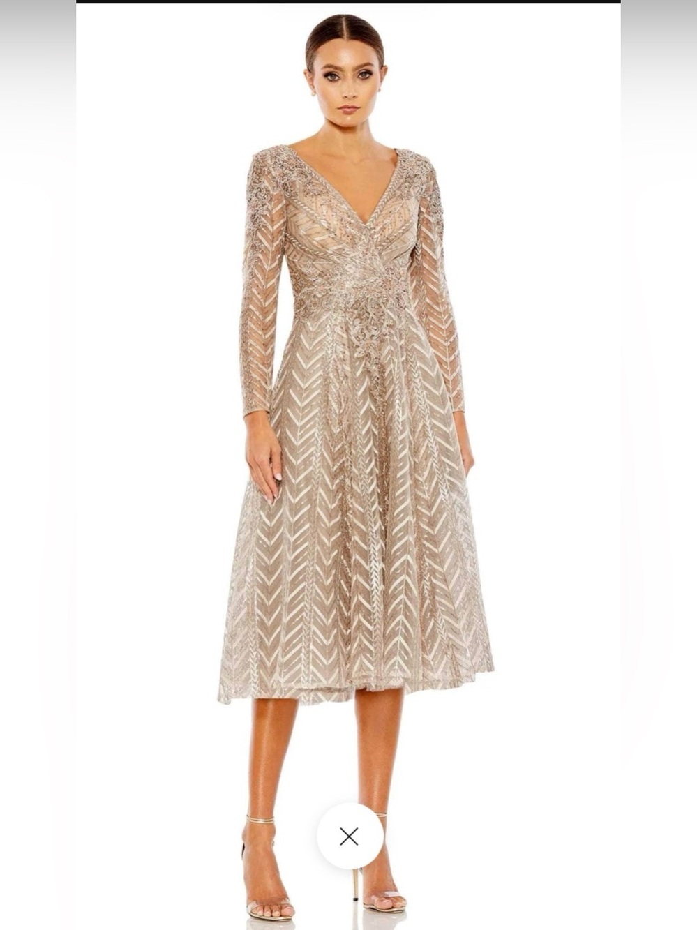 Mac Duggal Champagne Metallic V-Neck Long-Sleeve Midi Dress